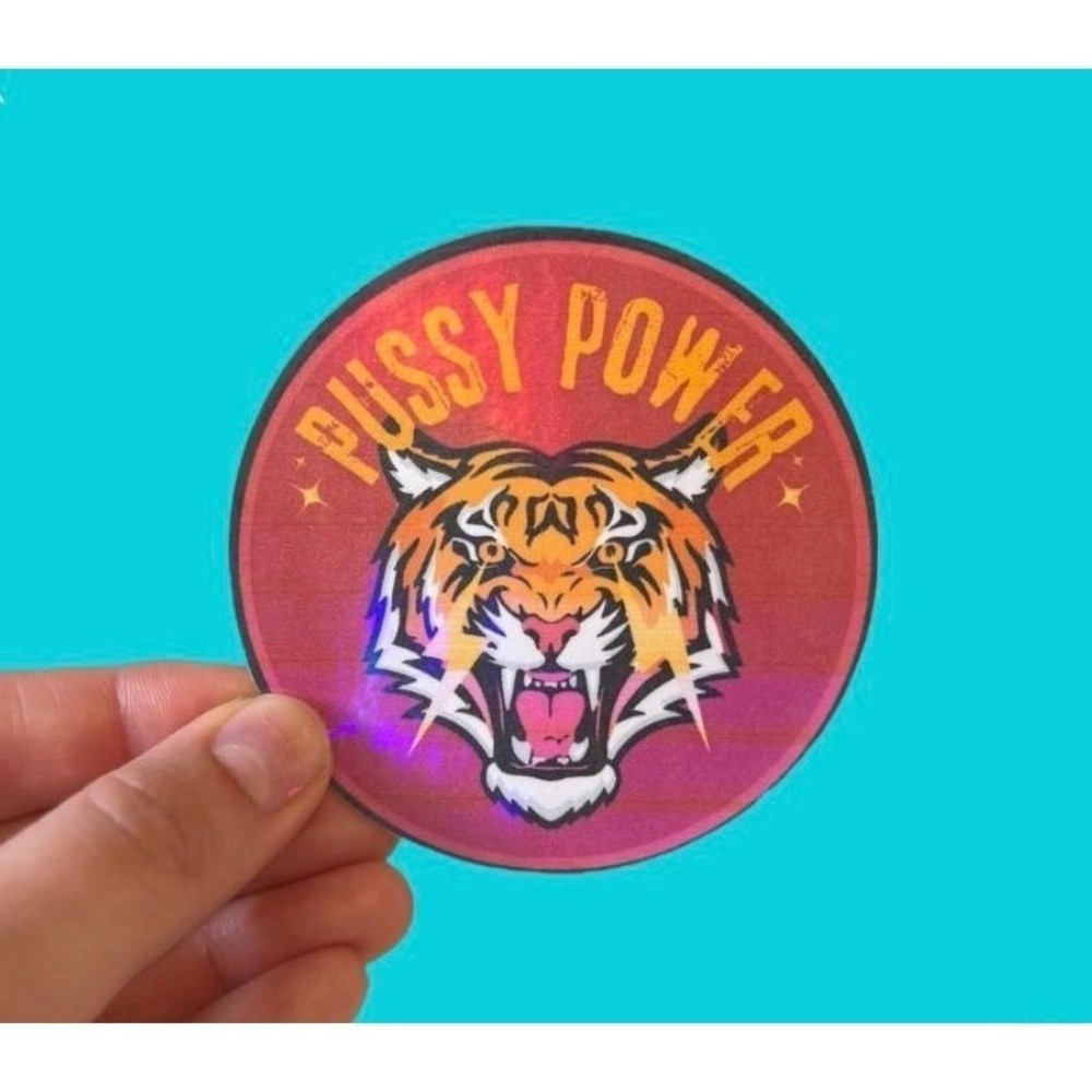 Holographic Tiger Power Sticker Retro Sunset Animal Decal Round Laptop Sticker